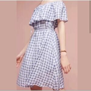 Anthropologie Blue Gingham Tylo Cotton Off the Shoulder Sun Dress Vacation